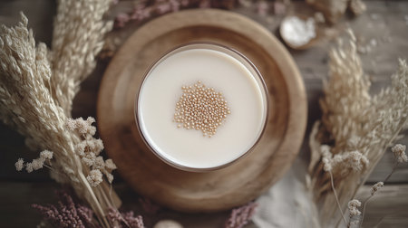 A glass of creamy beverage topped with small golden pearls surrounded by dried flowers on a wooden tableの素材