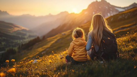 Mother and child enjoying a sunset over a mountainous landscape in early eveningの素材