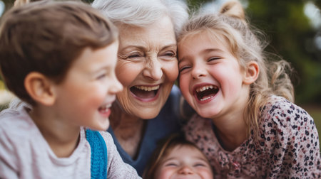Grandmother shares joyful laughter with grandchildren in a sunny park during the afternoonの素材