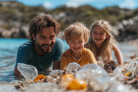 Family enjoying a beach outing while exploring the shoreline at a picturesque coastal location on a sunny dayの素材