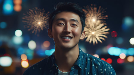 Smiling young man celebrates amidst fireworks in a vibrant city at nightの素材