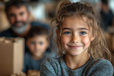 Smiling girl with beautiful blue eyes enjoys quality time with family in a cozy indoor setting during the dayの素材