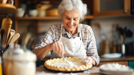 Elderly woman baking a pie in a cozy kitchen filled with baking supplies and natural light in the afternoonの素材