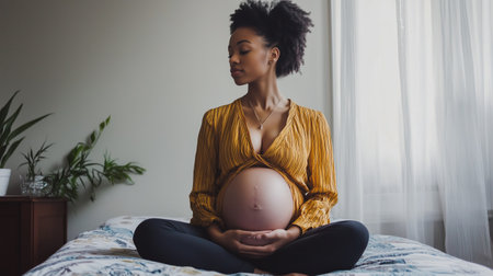 Pregnant woman in a yellow top sitting cross-legged on a bed with plants in a sunlit roomの素材