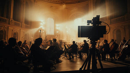Orchestra performing in a grand hall with dramatic lighting during a classical concert at nightの素材