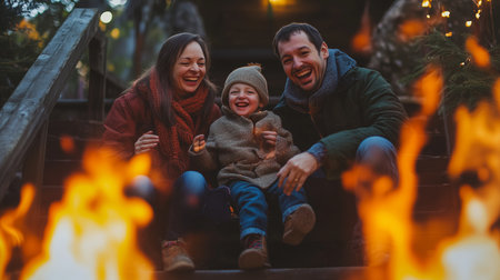 Family enjoying laughter on outdoor stairs near a warm fire during evening gathering in winter settingの素材
