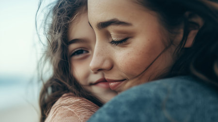 A young girl embraces her mother on a beach during a sunny afternoonの素材