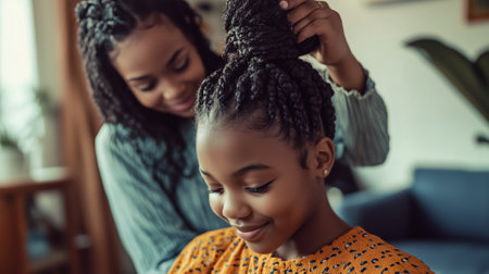 Mother styling daughters hair in cozy living room during afternoonの素材