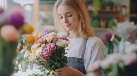 Young florist arranging a colorful bouquet, surrounded by vibrant flowers in a flower shop during daylightの素材