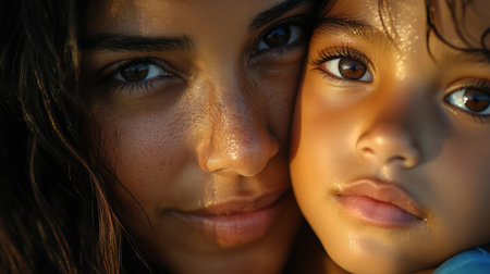A mother and child share a tender moment at sunset on a beachの素材