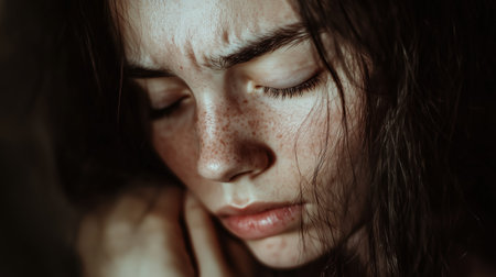 Young woman with freckles and dark hair experiences a moment of reflection indoors during twilightの素材