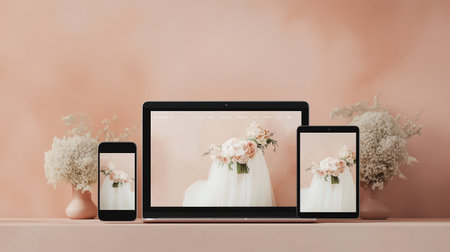 Elegant wedding bouquet displayed on multiple devices with a soft pink backgroundの素材