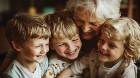 Grandmother joyfully embraces her three grandchildren in a cozy living room setting during afternoon playtimeの素材
