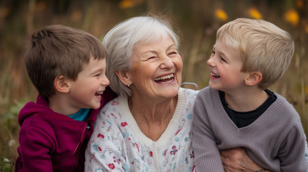 Grandmother laughing joyfully with two young grandchildren in a sunny meadowの素材