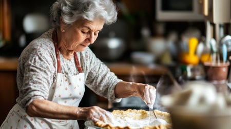 Elderly woman preparing a pie in a cozy kitchen during the afternoonの素材