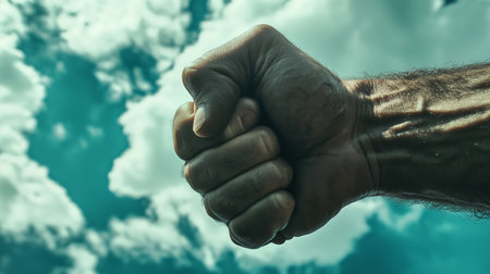 A strong fist raised against a dramatic blue sky with clouds during daylightの素材