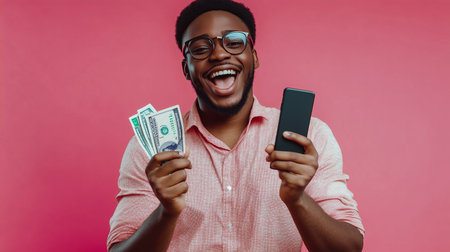 Happy man celebrating success with cash and smartphone against a bright pink backgroundの素材