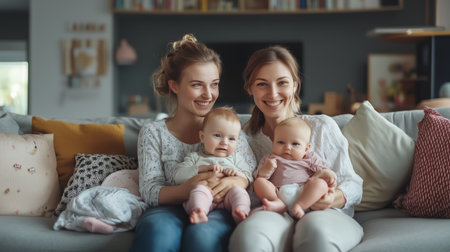 Two mothers with their babies smiling together on a cozy couch in a bright, modern living roomの素材