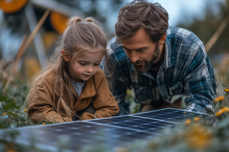 Father and daughter exploring solar panels in a field during a cloudy afternoonの素材