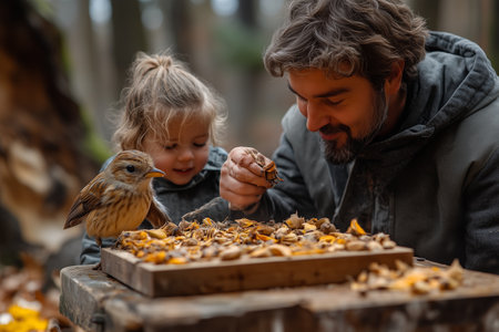 A father and daughter share a moment feeding a bird with nuts and seeds in a forest during autumnの素材