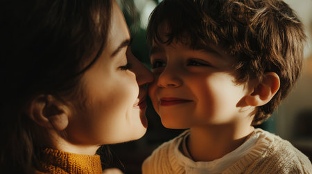 A mother shares a joyful moment with her smiling son at home in the late afternoon lightの素材