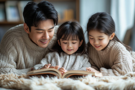 Father and daughters enjoying storytime together in cozy sweaters at home during winter afternoonの素材