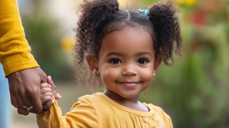 Young child smiling while holding an adults hand outdoors in a garden during daylightの素材