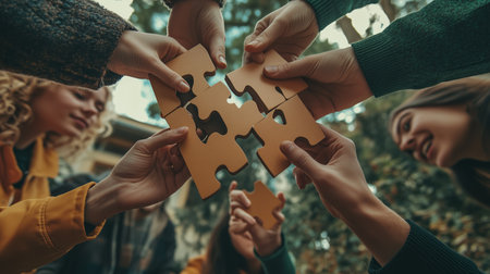 People collaborating to assemble a large puzzle in a natural outdoor setting during the daytimeの素材