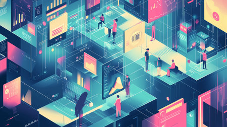 Digital workspace filled with data visualization and analytics, featuring people interacting with technology in a modern settingの素材