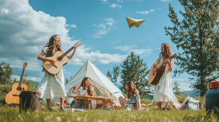 Friends enjoying a summer picnic with music and playful moments in a lush outdoor settingの素材