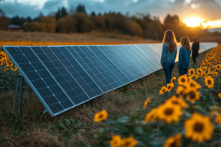 Two girls observing solar panels in a sunflower field during sunset in a rural areaの素材
