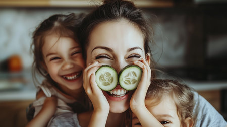 A joyful mother playing with her daughters while using cucumber slices as fun props in the kitchenの素材