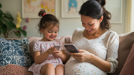 Mother and daughter engaging with smartphones while sitting on a couch in a cozy living room during the afternoonの素材