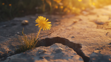 A yellow flower grows through a crack in a rocky surface during sunsetの素材
