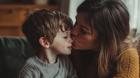 A mother kisses her young son while sitting together in a cozy living room during a quiet afternoonの素材