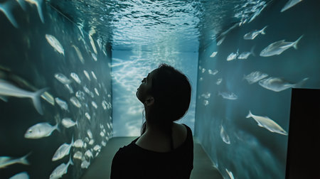 A visitor admires projected fish schooling on walls in an immersive aquatic exhibit during the eveningの素材
