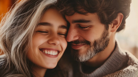 A couple sharing a joyful moment while embracing indoors during sunsetの素材