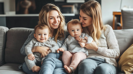 Two women joyfully seated on a couch with two babies in cozy indoor setting during daylight hoursの素材