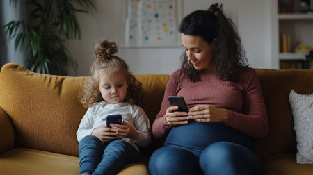 Mother and daughter using smartphones together on a cozy couch in their living room during a quiet afternoonの素材