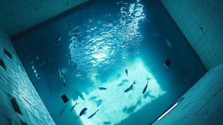 A tranquil underwater view of a swimming pool with diverse fish swimming in clear blue water during the dayの素材