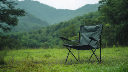 A solitary camp chair placed in a tranquil green meadow with distant mountains on a cloudy dayの素材