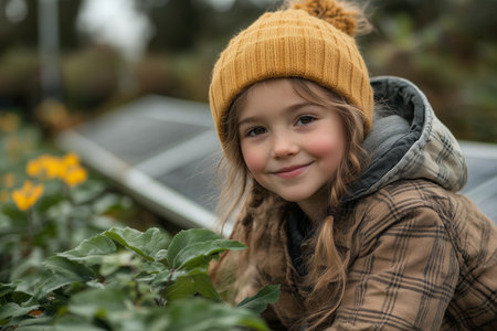 Young girl enjoying planting flowers in a garden during a sunny afternoonの素材