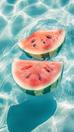 Fresh watermelon slices floating in a crystal-clear swimming pool under bright sunlightの素材