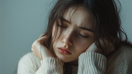 Young woman with long hair rests her chin on her hands while appearing thoughtful in a softly lit roomの素材