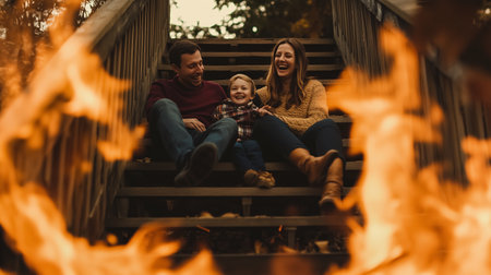 A family enjoys a cozy evening by the fire on wooden stairs in a serene outdoor settingの素材
