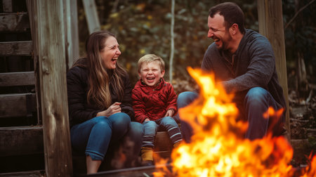 Family enjoying a cozy campfire while laughing together in a forest setting during the eveningの素材