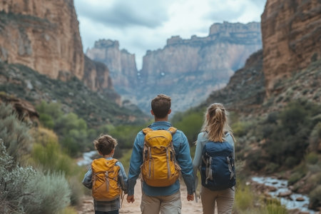 Family hiking together along a picturesque canyon trail during a cloudy day in natureの素材