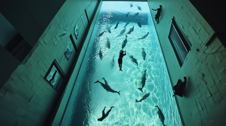 People swimming alongside fish in an indoor pool with walls lined by art pieces at sunsetの素材