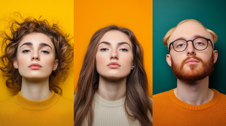 Three individuals with distinct hairstyles and expressions against vibrant yellow and green backgroundsの素材