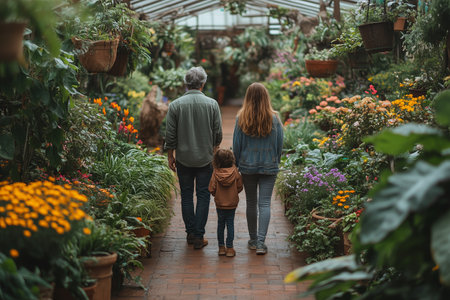 Family stroll through a vibrant greenhouse surrounded by blooming flowers in the afternoonの素材